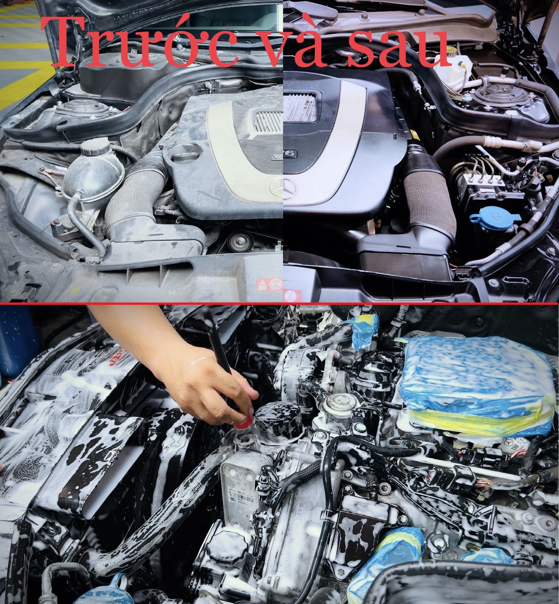 Vệ sinh khoang máy V6 Mercedes E300 tại Xe Đẹp Detailing